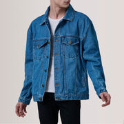 
Eddie Dark Blauw Oversized Denim Trucker Leren Jas voor Heren - Vooraanzicht & getailleerd silhouet | Online kopen