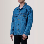 
Eddie Dark Blauw Oversized Denim Trucker Leren Jas voor Heren - Zijaanzicht met ergonomische mouwsnede