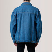 
Detailopname of Classic Collar & Heavy-Duty Zipper Hardware on Eddie Dark Blauw Oversized Denim Trucker Leren Jas voor Heren For Men