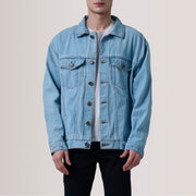
Eddie Light Blauw Oversized Denim Trucker Leren Jas voor Heren For Men in Light Blue Full-Grain Leather - Vooraanzicht & getailleerd silhouet | Online kopen