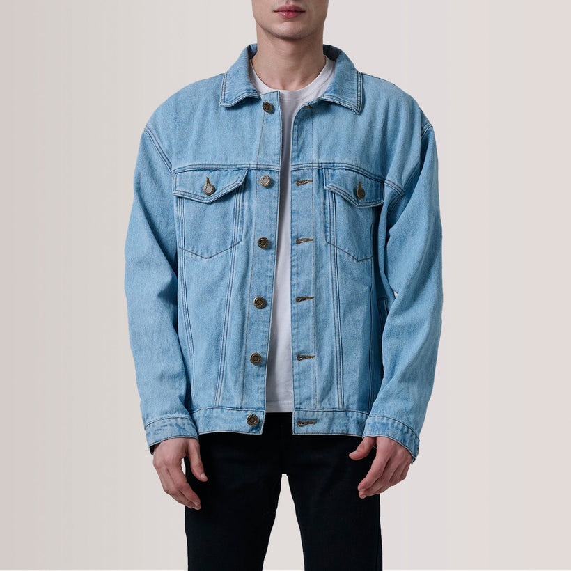 Eddie Light Blauw Oversized Denim Trucker Leren Jas voor Heren
