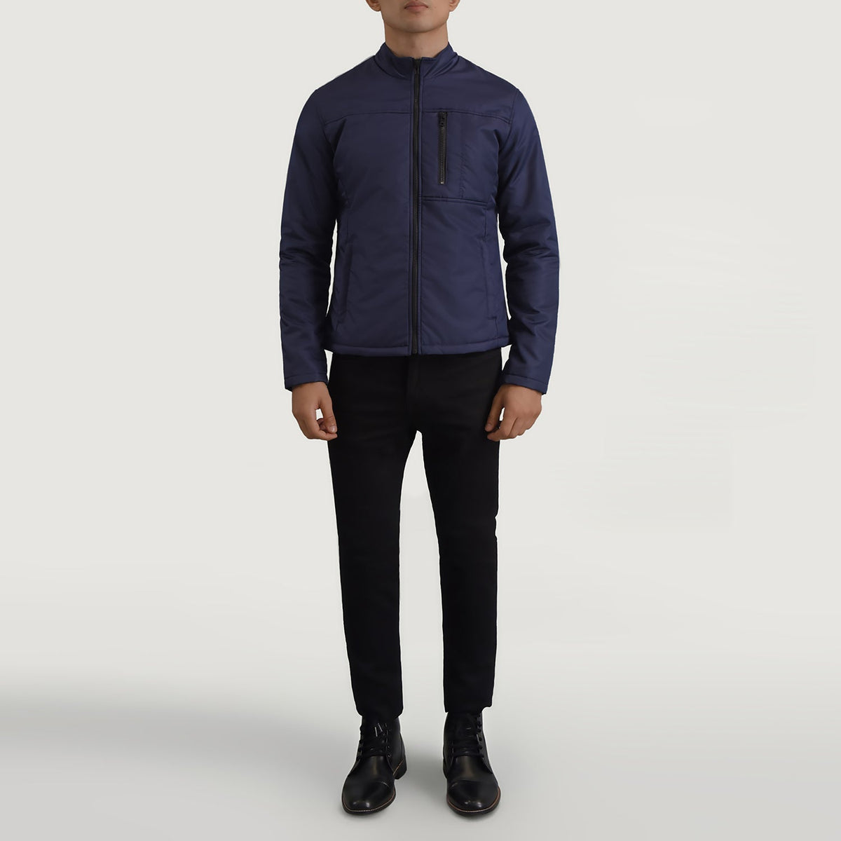 Elliot Blauw Lightweight Leren Jas voor Heren - Lateral Side Profile View Showing Sleeve Cut &amp; Athletic Taper Fit