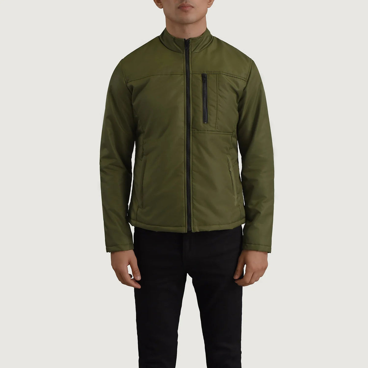 Close-Up Detail of Classic Collar &amp; Zipper Hardware on Elliot Groen Lightweight Leren Jas voor Heren