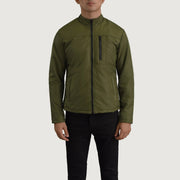 Close-Up Detail of Classic Collar &amp; Zipper Hardware on Elliot Groen Lightweight Leren Jas voor Heren