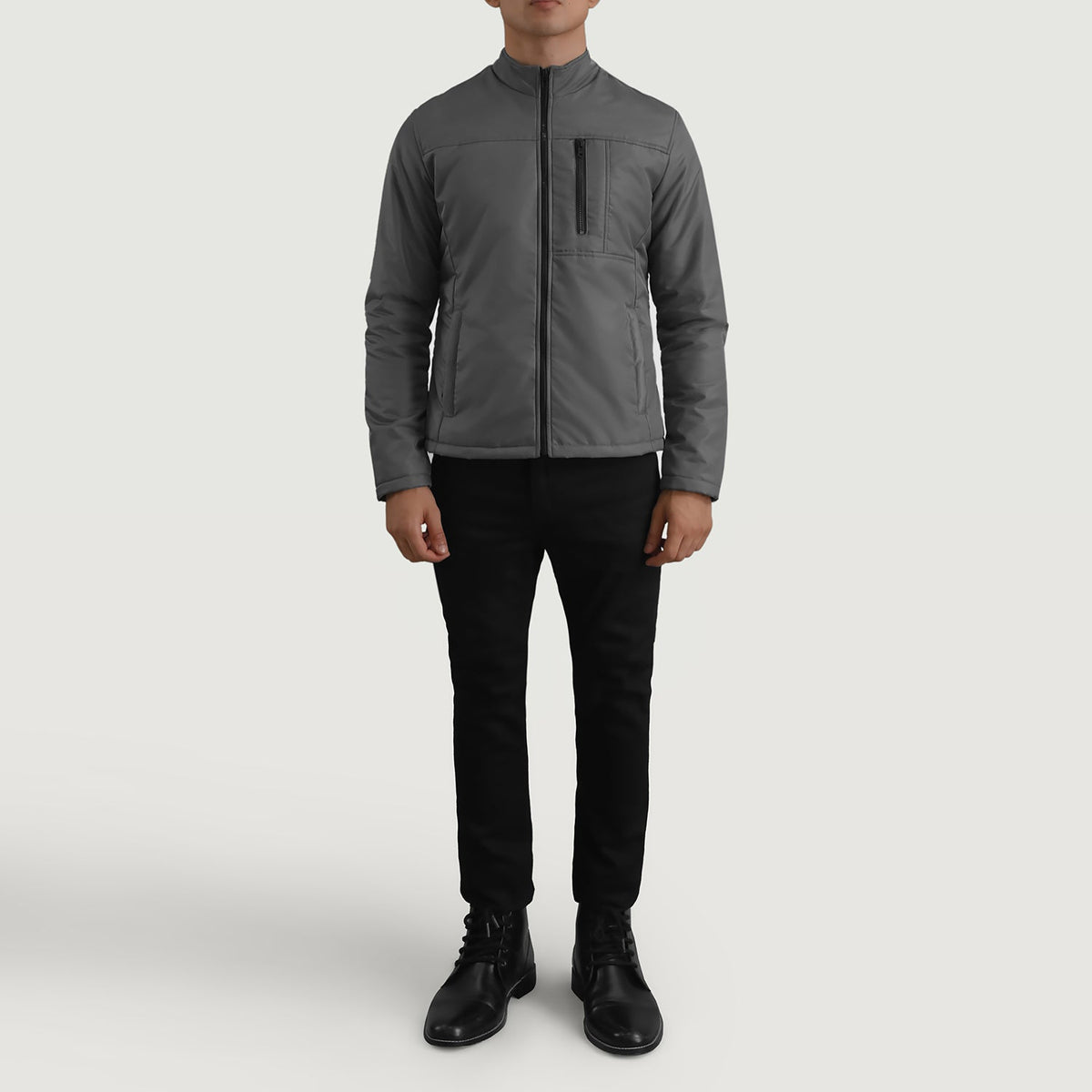 Elliot Grey Lightweight Leren Jas voor Heren - Lateral Side Profile View Showing Sleeve Cut &amp; Athletic Taper Fit