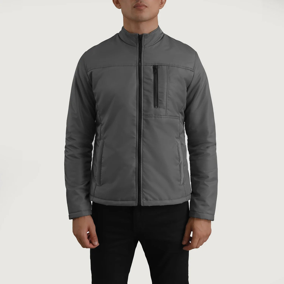 Close-Up Detail of Classic Collar &amp; Zipper Hardware on Elliot Grey Lightweight Leren Jas voor Heren