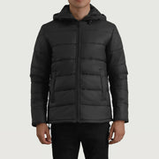 
Erico Zwart Hooded Puffer Leren Jas voor Heren in zwart rundleer - Vooraanzicht & getailleerd silhouet | Online kopen
