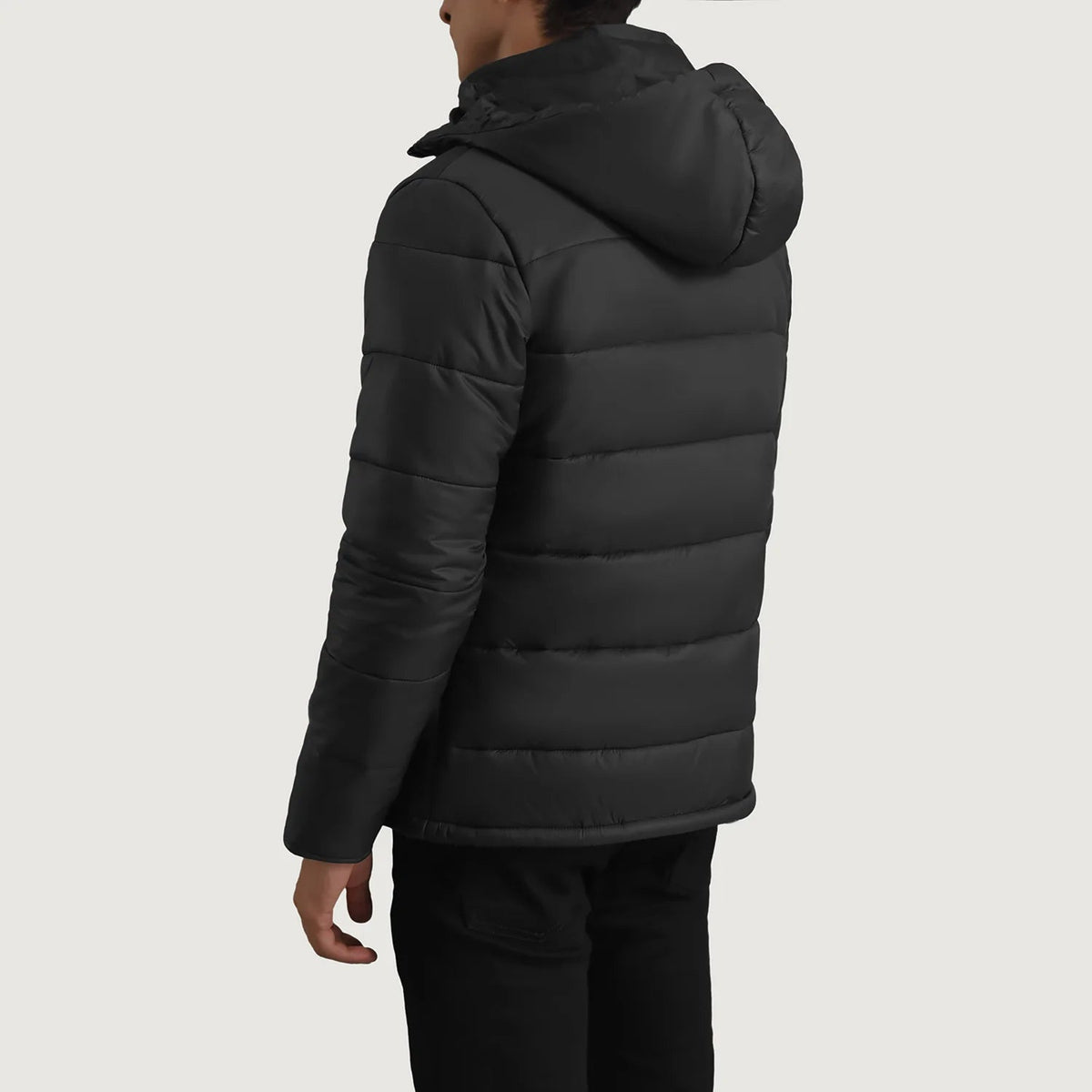 
Detailopname of Classic Collar & Zipper With Wind Flap Hardware on Erico Zwart Hooded Puffer Leren Jas voor Heren