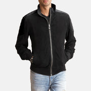 Men's Ethan Hybrid Suede Leren Bomberjack voor Heren in Black Goatskin Suede - Front Profile View &amp; Tailored Silhouette | Buy Online
