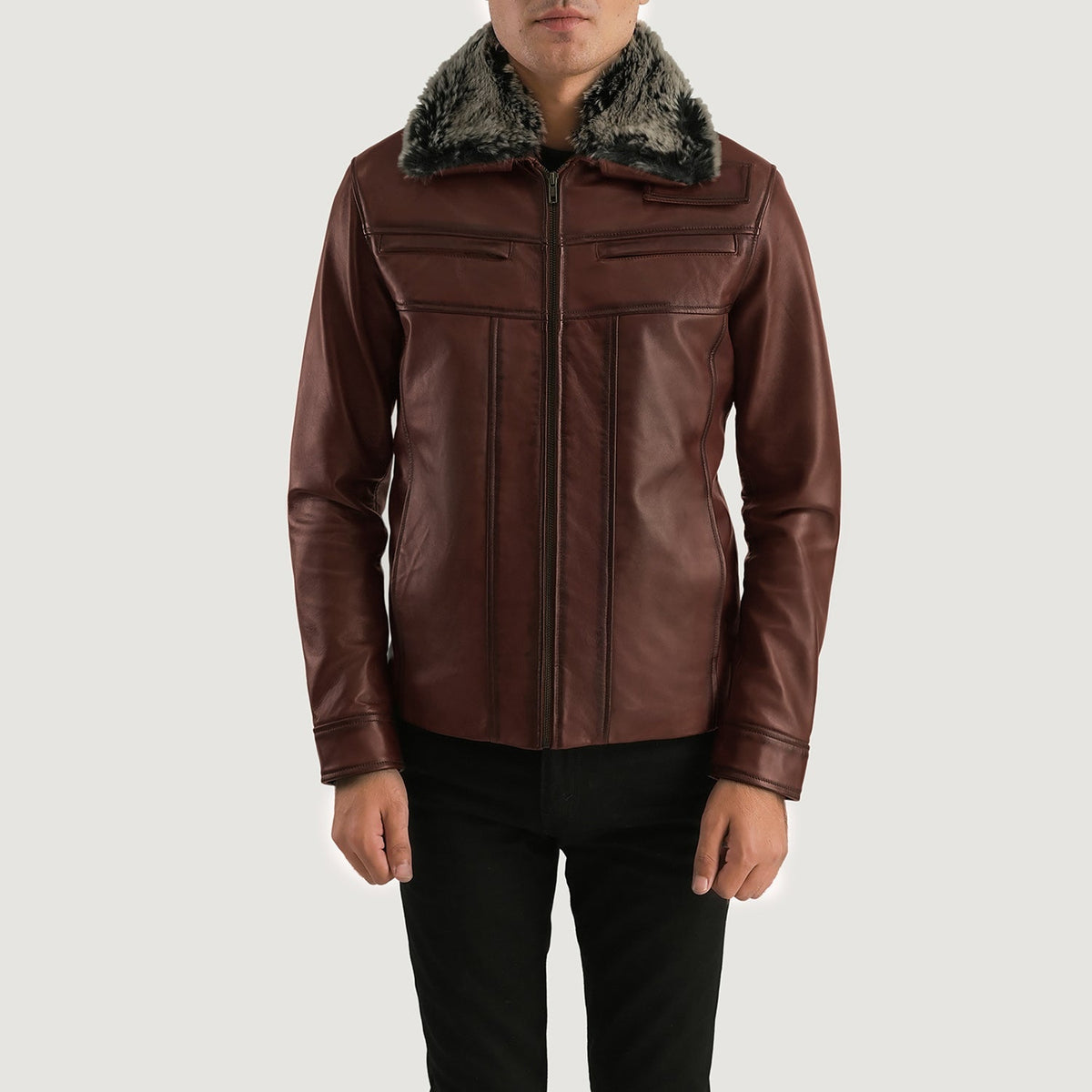 
Evan Hart Fur Bruin Leren Jas voor Heren in Distressed Brown Sheepskin Burnishing - Vooraanzicht & getailleerd silhouet | Online kopen