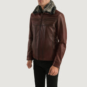 
Distressed Brown Sheepskin Burnishing Aviator Jacket - Achteraanzicht met getailleerde schouders & strakke zoom