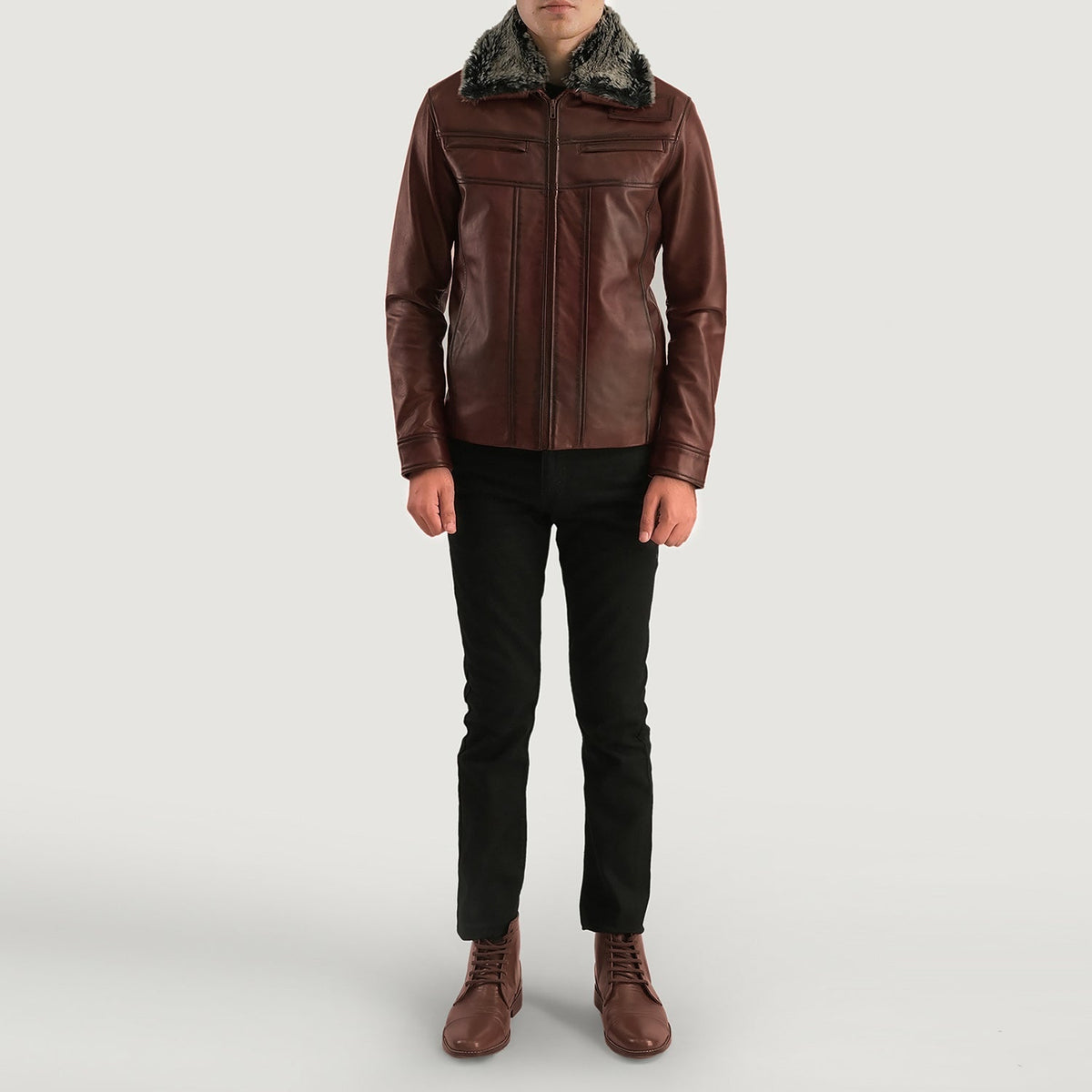 
Detailopname van kraag & ritsdetails op Evan Hart Fur Bruin Leren Jas voor Heren