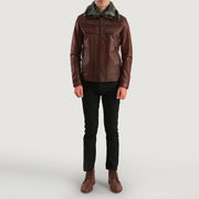 
Detailopname van kraag & ritsdetails op Evan Hart Fur Bruin Leren Jas voor Heren