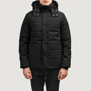 Exton Zwart Hooded Down Puffer Leren Jas voor Heren in Black Full-Grain Leather - Front Profile View &amp; Tailored Silhouette | Buy Online