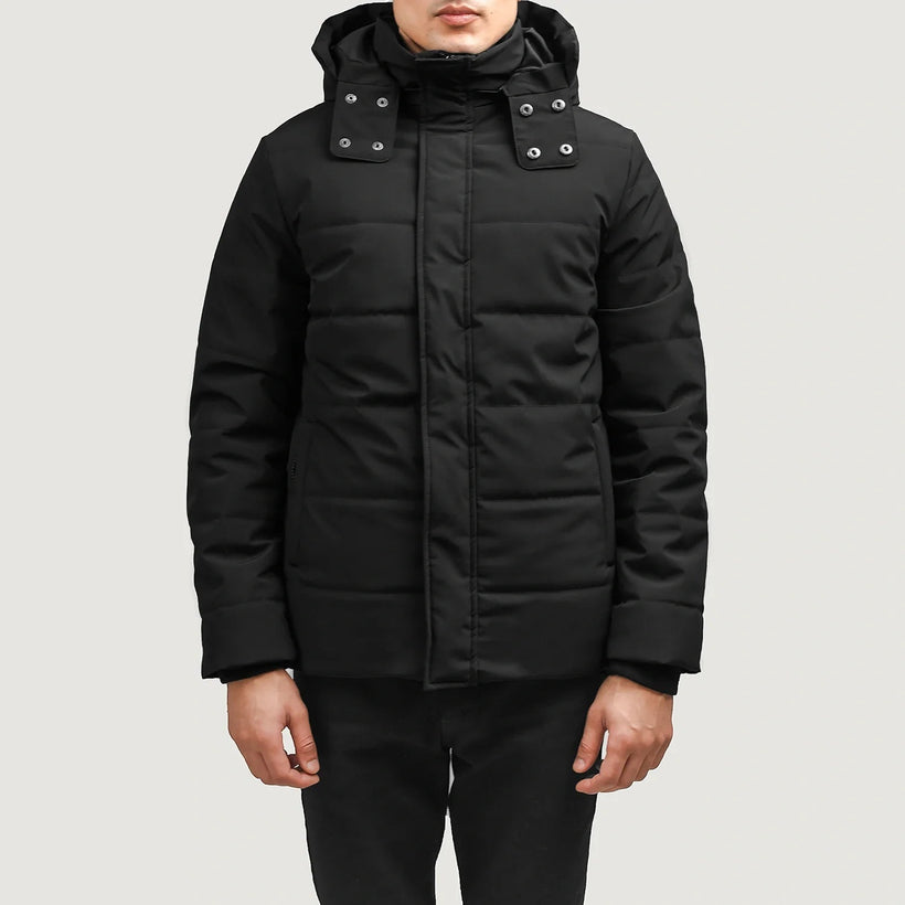 Exton Zwart Hooded Down Puffer Leren Jas voor Heren