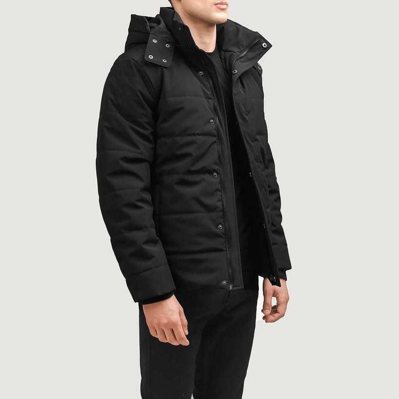 Exton Zwart Hooded Down Puffer Leren Jas voor Heren