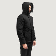 Exton Zwart Hooded Down Puffer Leren Jas voor Heren - Lateral Side Profile View Showing Sleeve Cut &amp; Athletic Taper Fit