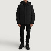 Close-Up Detail of Classic Collar &amp; Zipper With Placket. Hardware on Exton Zwart Hooded Down Puffer Leren Jas voor Heren
