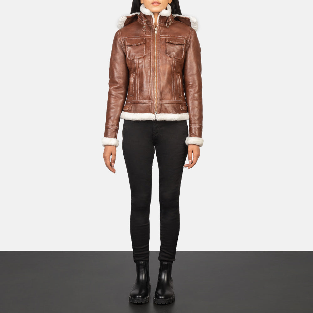 Women's Fiona Brown Hooded Shearling Leather Jacket - Lateral Side Profile View Showing Sleeve Cut &amp; Athletic Taper Fit