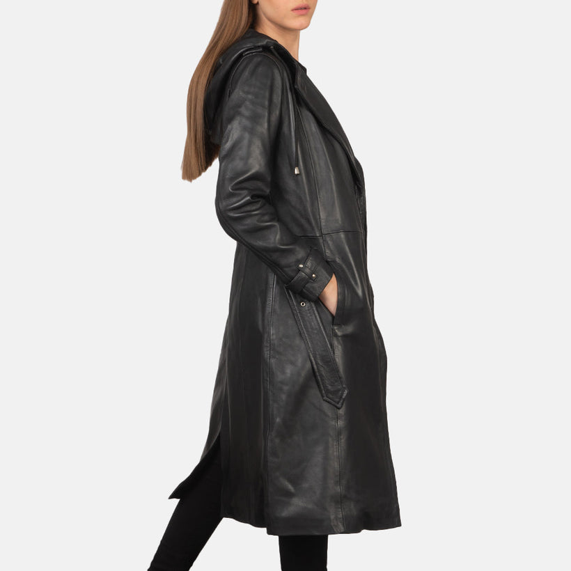 Fixon Hooded Zwart Leren Trenchcoat voor Dames