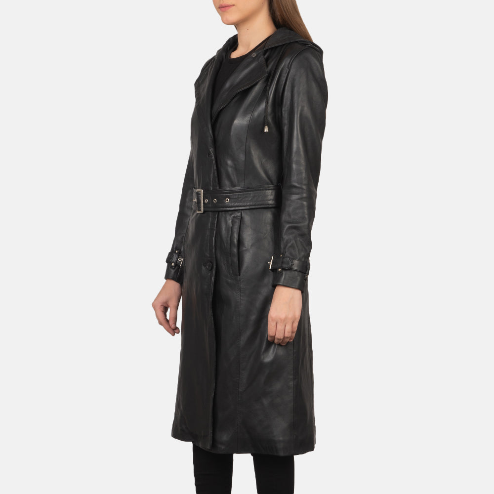 
Detailopname of Hooded & Button + Belt Hardware on Fixon Hooded Zwart Leren Trenchcoat voor Dames