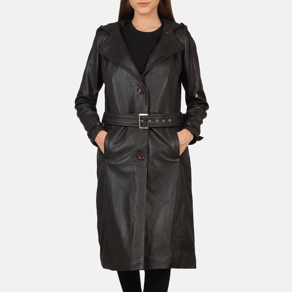 
Fixon Hooded Bruin Leren Trenchcoat voor Dames in Brown Sheepskin Leather - Vooraanzicht & getailleerd silhouet | Online kopen