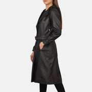 
Brown Sheepskin Leather Trench Coat - Achteraanzicht met getailleerde schouders & strakke zoom