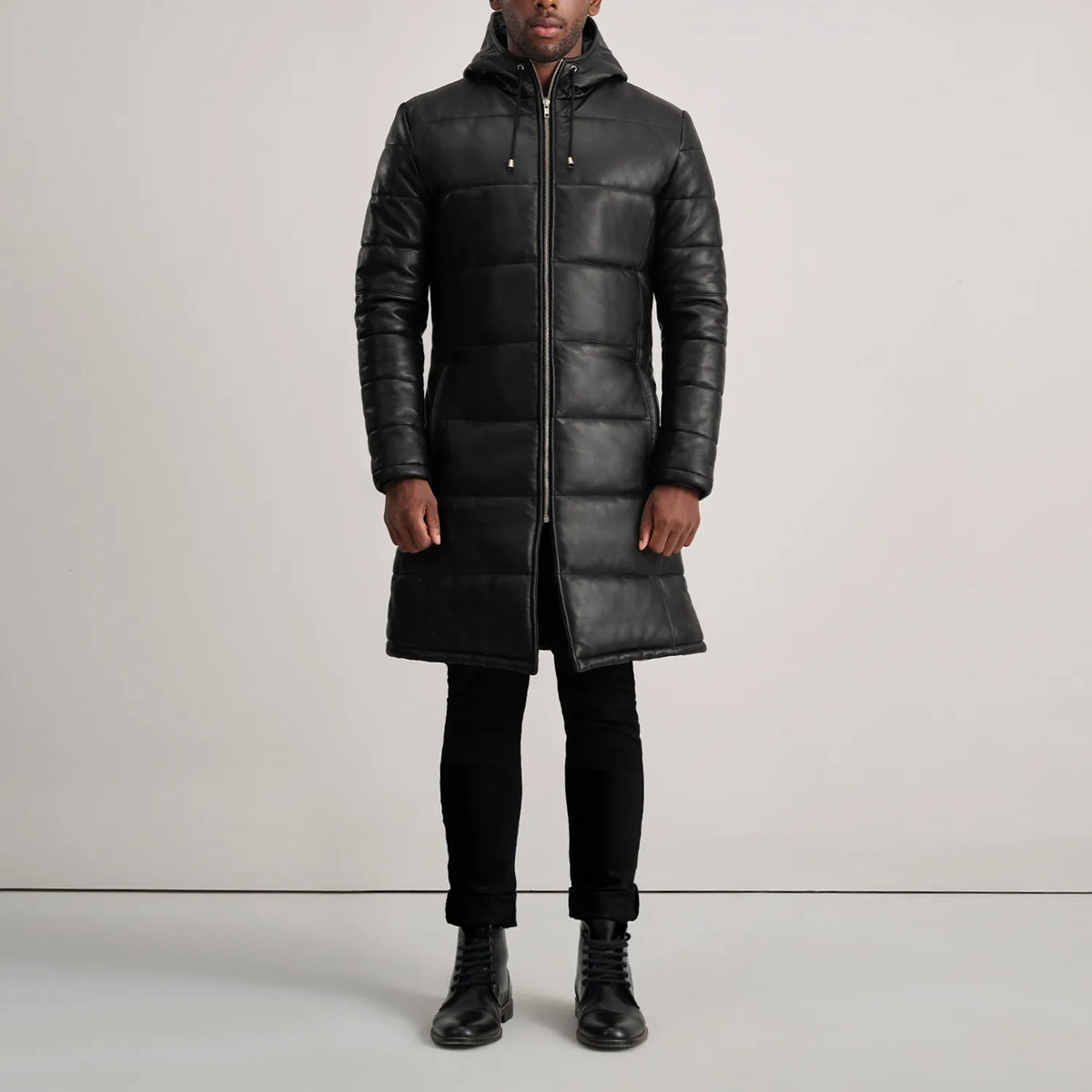 
Floyd Tan Hooded Leather Puffer Coat - Zijaanzicht met ergonomische mouwsnede