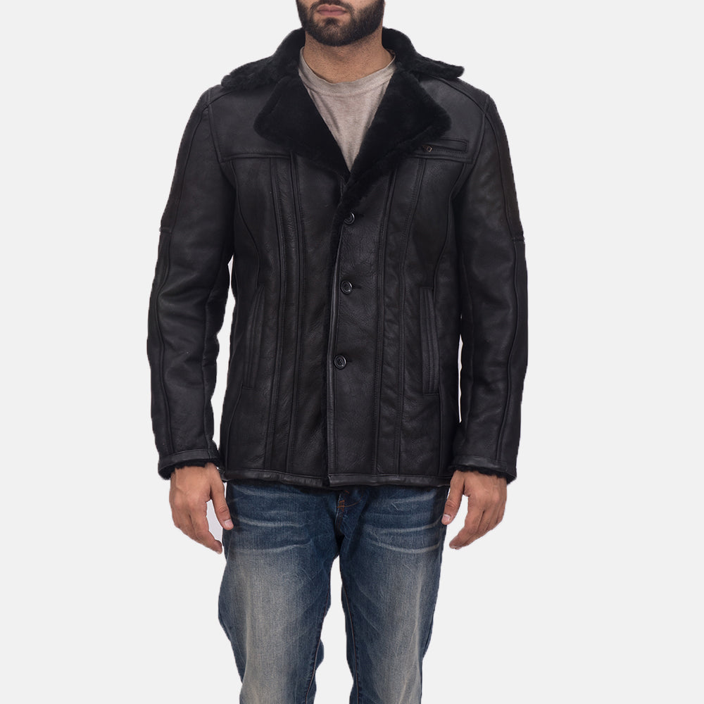 Men's Furcliff Double Face Shearling Leren Jas voor Heren - Lateral Side Profile View Showing Sleeve Cut &amp; Athletic Taper Fit