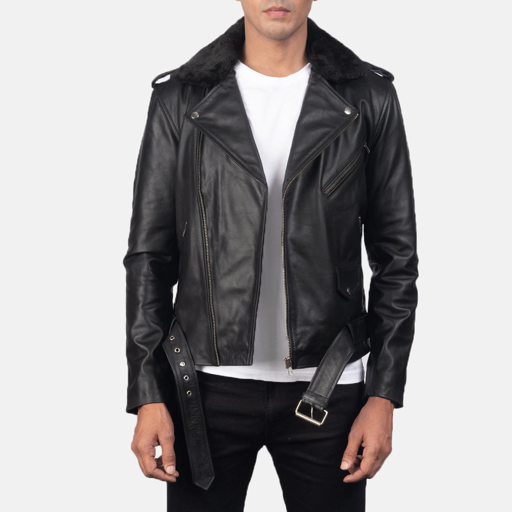 
Furton Black Leather Biker Jacket in Black Cowhide Leather - Vooraanzicht & getailleerd silhouet | Online kopen