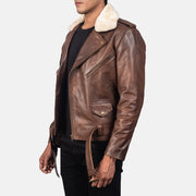 
Gedragen perspectief van Furton Black Leather Biker Jacket op model - Natuurlijke valling bij daglicht