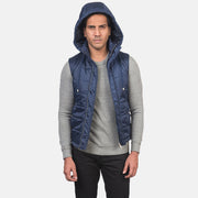
Detailopname of Band with Removable Hood & Zipper with dual puller and wind flap Hardware on Fuston Blauw Gewatteerde bodywarmer met capuchon voor Heren