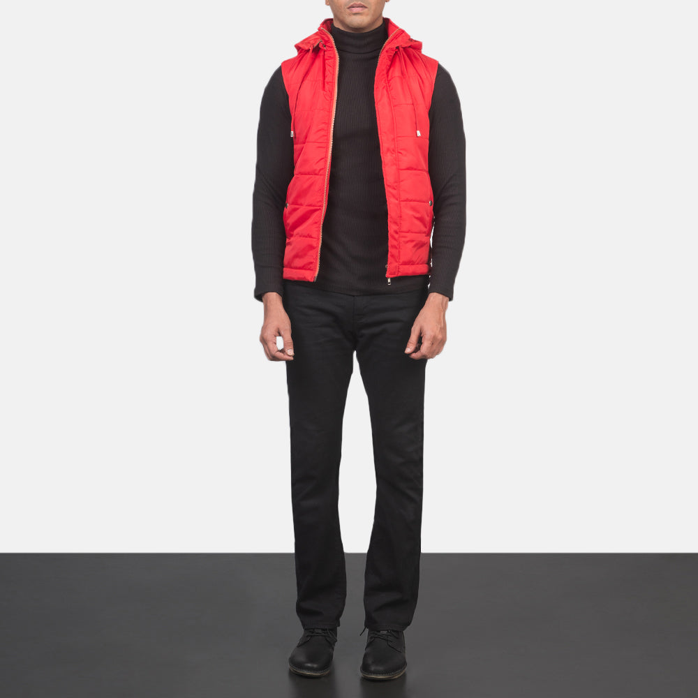 
Fuston Rood Gewatteerde bodywarmer met capuchon voor Heren - Zijaanzicht met ergonomische mouwsnede
