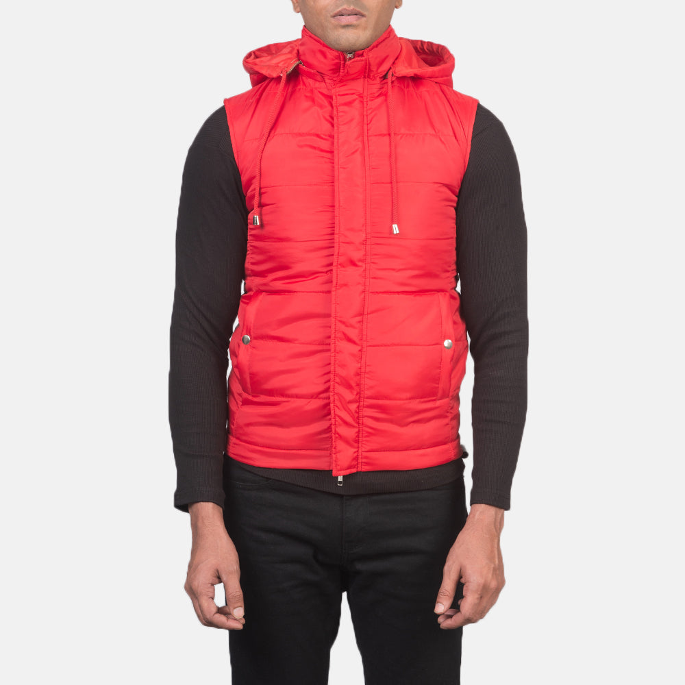 
Detailopname of Band with Removable Hood & Zipper with dual puller and wind flap Hardware on Fuston Rood Gewatteerde bodywarmer met capuchon voor Heren