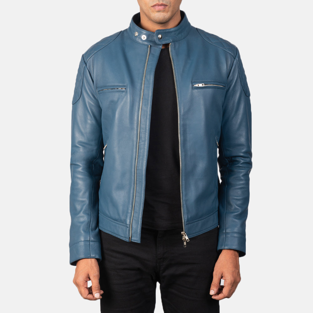 
Gatsby Quilted Blue Leather Biker Jacket in Blue Sheepskin Leather - Vooraanzicht & getailleerd silhouet | Online kopen