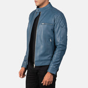 
Blue Sheepskin Leather Biker Jacket - Achteraanzicht met getailleerde schouders & strakke zoom