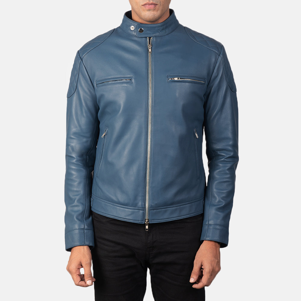 
Gatsby Quilted Blue Leather Biker Jacket - Zijaanzicht met ergonomische mouwsnede