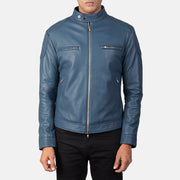 
Detailopname of Band with snap buttons & Zipper Hardware on Gatsby Quilted Blue Leather Biker Jacket