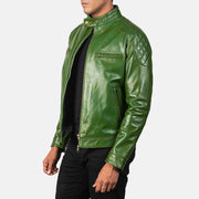 
Green Sheepskin Burnishing Biker Jacket - Achteraanzicht met getailleerde schouders & strakke zoom