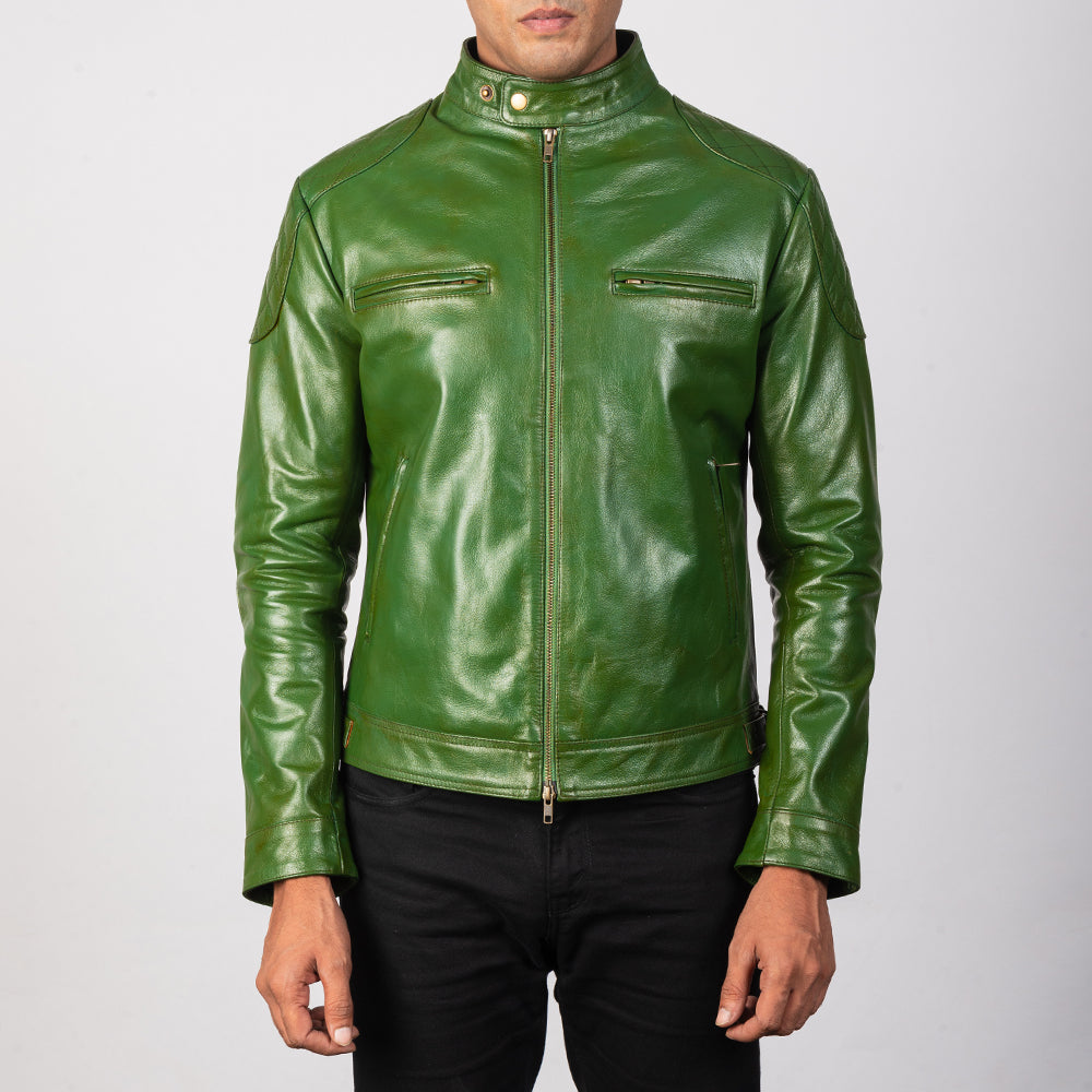 
Gatsby Quilted Green Leather Biker Jacket - Zijaanzicht met ergonomische mouwsnede