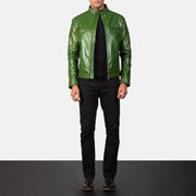 
Detailopname of Band with snap buttons & Zipper Hardware on Gatsby Quilted Green Leather Biker Jacket