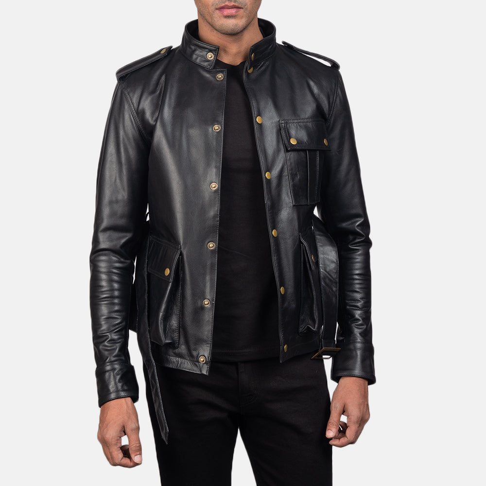 Germain Zwart Leren Jas voor Heren - Lateral Side Profile View Showing Sleeve Cut &amp; Athletic Taper Fit