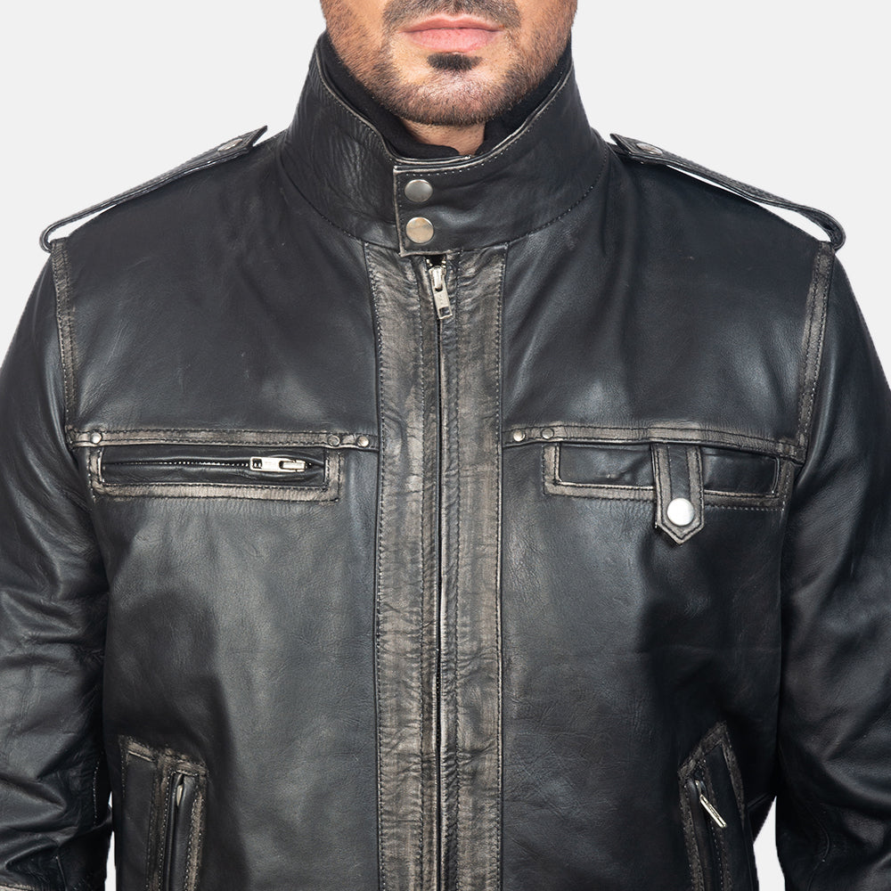Glen Street Zwart Leren Bomberjack voor Heren - Lateral Side Profile View Showing Sleeve Cut &amp; Athletic Taper Fit