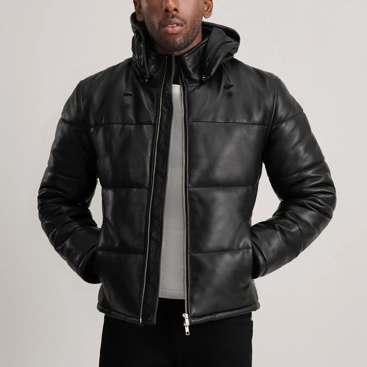 
Gordon Tan Hooded Leather Puffer Jacket in Tan Brown Sheepskin Leather - Vooraanzicht & getailleerd silhouet | Online kopen