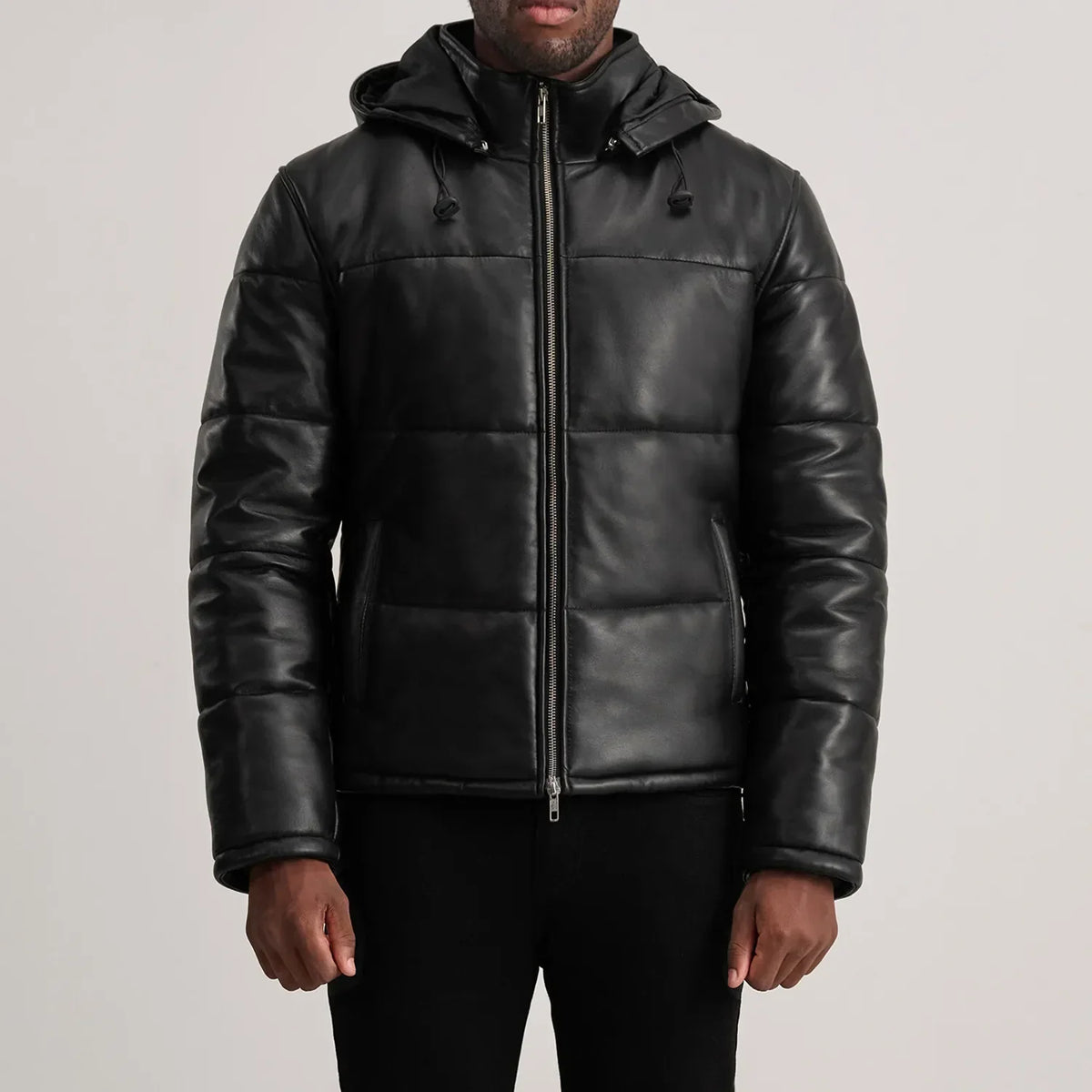 
Detailopname of High neck & Zipper Hardware on Gordon Tan Hooded Leather Puffer Jacket