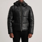 
Detailopname of High neck & Zipper Hardware on Gordon Tan Hooded Leather Puffer Jacket