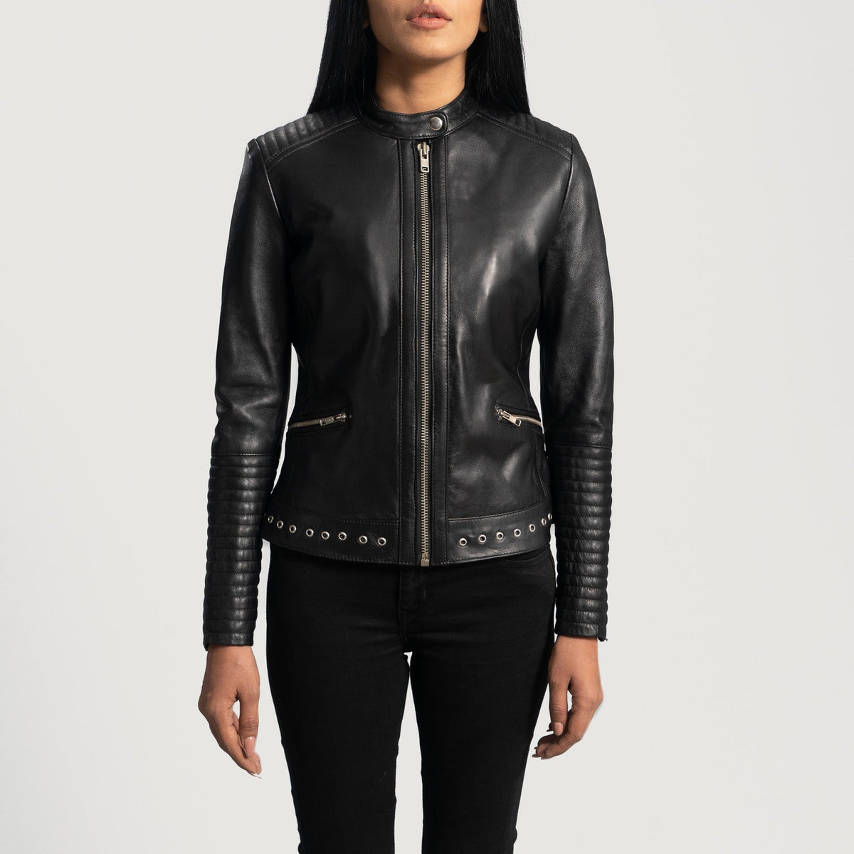 Women's Haley Ray Zwart Leren Bikerjack voor Dames in Black Sheepskin Leather - Front Profile View &amp; Tailored Silhouette | Buy Online
