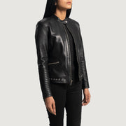 Women's Haley Ray Zwart Leren Bikerjack voor Dames - Lateral Side Profile View Showing Sleeve Cut &amp; Athletic Taper Fit