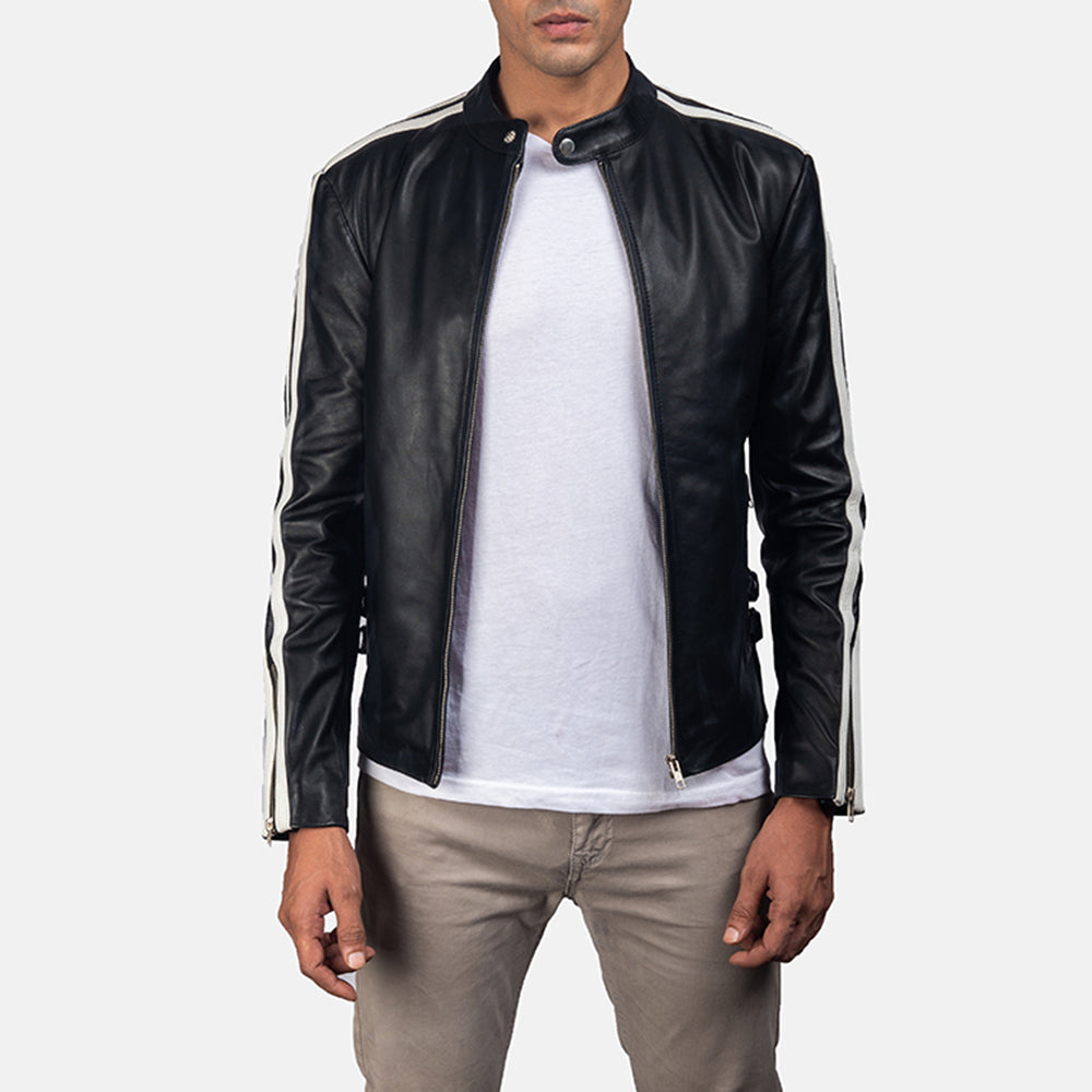 Hank Zwart Leren Bikerjack voor Heren in Black &amp; White Cowhide Leather - Front Profile View &amp; Tailored Silhouette | Buy Online