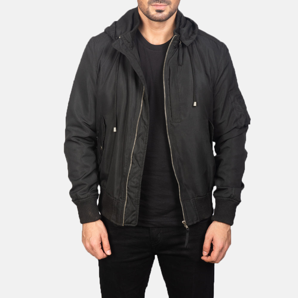 
Hanklin Ma-1 Black Hooded Bomber Jacket in Black Polyester - Vooraanzicht & getailleerd silhouet | Online kopen